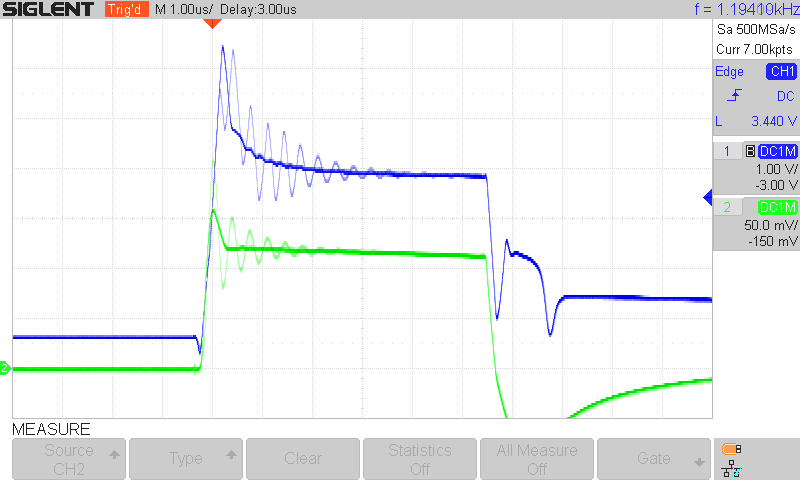 Edited oscilloscope shot showing the importance of damping. Every device under test has different reactive properties, so a user-adjustable damper is provided to clean up the waveforms.